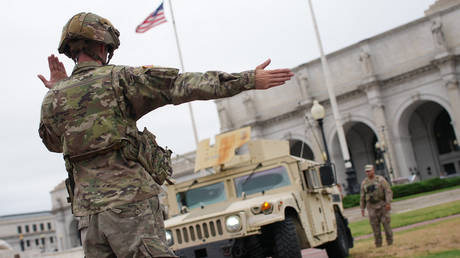 Members of the South Carolina National Guard park a Humvee outside of Union Station on August 21, 2025, in Washington, DC.