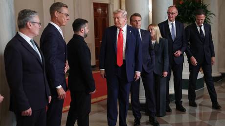 FILE PHOTO: European leaders join Ukraine's Vladimir Zelensky for a White House meeting with President Donald Trump, August 18, 2025.