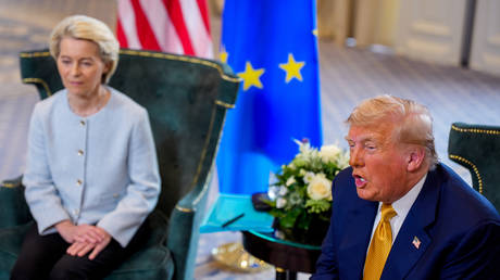 US President Donald Trump with European Commission President Ursula von der Leyen at the Trump Turnberry golf club, Scotland, July 27, 2025.
