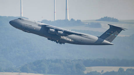 FILE PHOTO. A US Air Force C5 Galaxy transport aircraft takes off from Ramstein Airbase in Germany.