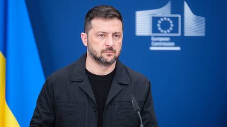 Ukrainian leader Vladimir Zelensky attends a meeting with EU leaders in Brussels on August 17, 2025.