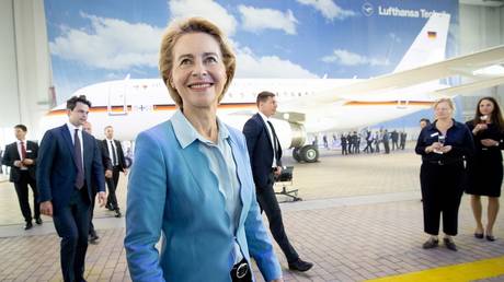 Ursula von der Leyen in front of a German military’s Lufthansa Technik A319 aircraft, Hamburg, Germany, June 21, 2019.