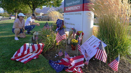 People visit a makeshift memorial at Timpanogos Regional Hospital in honor of political activist Charlie Kirk on September 11, 2025 in Orem, Utah.