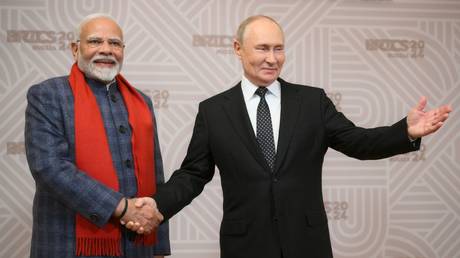 Russian President Vladimir Putin and Indian Prime Minister Narendra Modi at the 16th BRICS summit in Kazan, Russia, October 22, 2024.