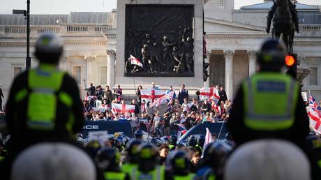 Protesters in Trafalgar Square, London at the Unite The Kingdom rally, September 13, 2025.