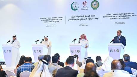 Press conference after the emergency Arab-Islamic summit in Doha, Qatar on September 15, 2025.