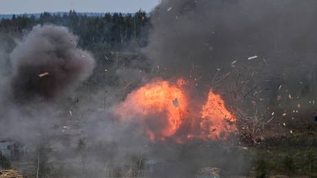 An explosion is seen during the Russian-Belarusian joint military drills "Zapad 2025" (West 2025) at the Borisovsky training ground in Minsk region, Belarus.