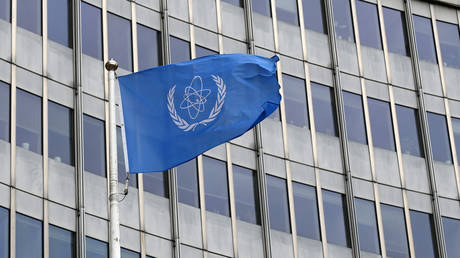 FILE PHOTO: The International Atomic Energy Agency flag in Vienna, Austria, May 23, 2021.