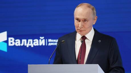 Russian President Vladimir Putin delivers a speech during a plenary session 'The Polycentric World: Instructions for Use' of the Valdai International Discussion Club in Sochi, Krasnodar region, Russia.