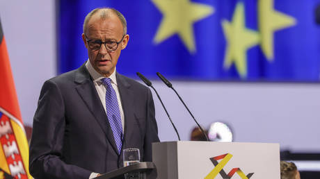 German Chancellor Friedrich Merz delivers a speech in Saarbruecken, Germany on October 3, 2025.