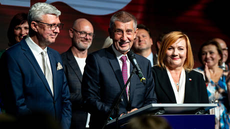 Leader of the ANO movement, Andrej Babis holds a press conference at ANO headquarters after the polling stations of Czech elections closed in Prague, Czech Republic on October 4, 2025.
