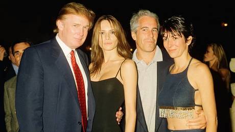 From left: Donald Trump and his future wife Melania, with Jeffrey Epstein and his accomplice Ghislaine Maxwell, Palm Beach, Florida, February 12, 2000.