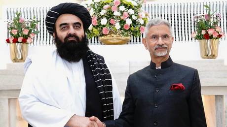 Amir Khan Muttaqi and S. Jaishankar in New Delhi on October 10, 2025