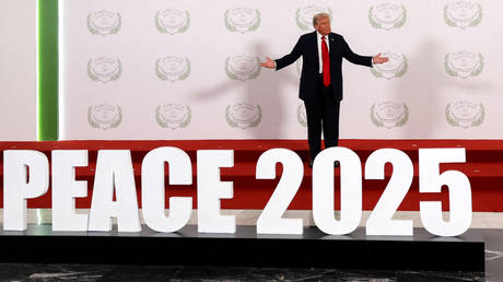 US President Donald Trump attends a Gaza peace summit in Sharm el-Sheikh, Egypt, on October 13, 2025.