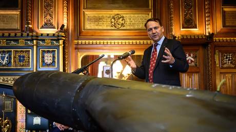 Polish Foreign Minister Radoslaw Sikorski, the Houses of Parliament in London, England, October 14, 2025.