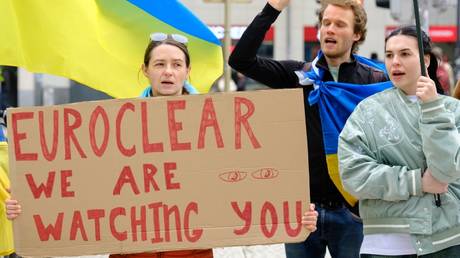 FILE PHOTO: Ukrainians rally in front of Euroclear office in Brussels, Belgium.
