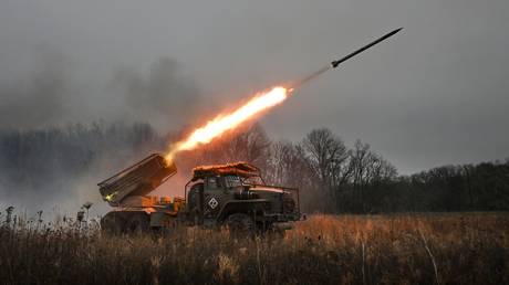 FILE PHOTO. Grad multiple rocket launchers of the Zapad group in action in the Krasny Liman direction.