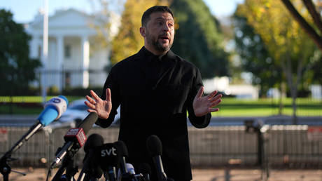 Ukraine's Vladimir Zelensky speaks during a press conference in Lafayette Park outside the White House.