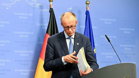 German Chancellor Friedrich Merz pictured at a press conference in Brussels, Belgium on 24 October 2025.
