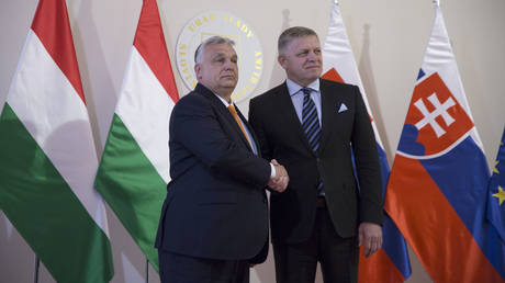 FILE PHOTO: Hungarian Prime Minister Viktor Orban shaking hands with his Slovak counterpart Robert Fico.