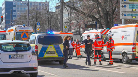 Police vehicles and ambulances in Mannheim, Germany after a deadly vehicular incident on March 3, 2025.