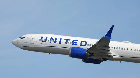 FILE PHOTO: An United Airlines Boeing 737 MAX 8 airplane departs from Los Angeles International Airport on March 30, 2025 in Los Angeles, California.