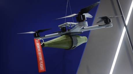 FILE PHOTO: A kamikaze drone during a military expo in Schoenefeld, Germany, June 05, 2024.