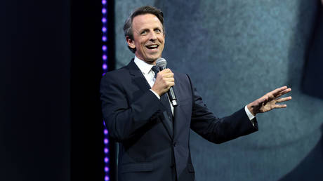 FILE PHOTO: Seth Meyers speaking during a gala event in New York.
