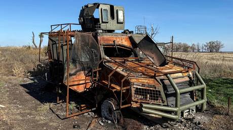 FILE PHOTO: A destroyed Ukrainin armored vehicle.