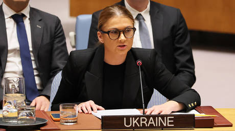 Ukraine’s Deputy Permanent Representative to the UN, Khristina Gayovyshyn, speaking during a UN Security Council meeting.