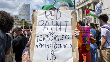 Palestine Action protest in Trafalgar Square, June 23, 2025.