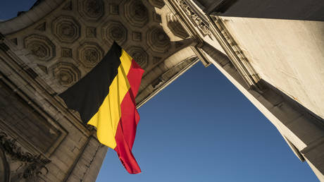 Belgian flag in Arcade du Cinquantenaire in Brussels, Belgium - stock photo