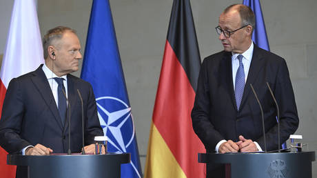 Polish Prime Minister Donald Tusk and German Chancellor Friedrich Merz hold a joint press conference in Berlin, Germany on December 1, 2025.