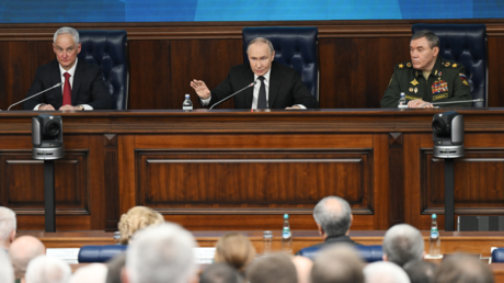 President Vladimir Putin speaks at an expanded meeting of the Board of the Ministry of Defense of the Russian Federation, December 17, 2025.