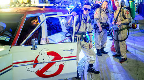 FILE PHOTO: Parade participants in Ghostbusters costumes at the 2024 Halloween Parade in New York City, October 31, 2024.