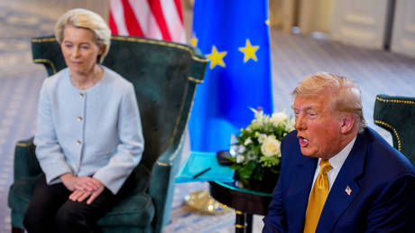 FILE PHOTO: US President Donald Trump (R) with European Commission President Ursula von der Leyen, Turnberry, Scotland, July 27, 2025.