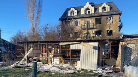 The aftermath of a Ukrainian drone strike on the village of Khorly in Russia’s Kherson Region.