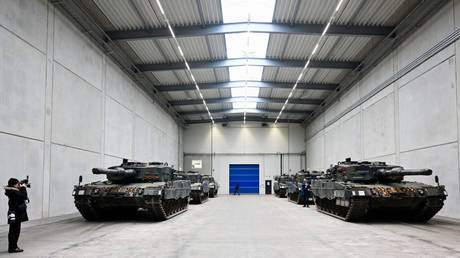 FILE PHOTO: A view of Leopard 2 tanks at a production line in Germany.