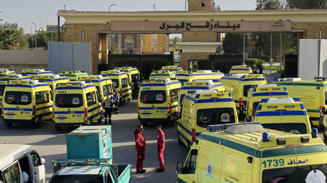 Ambulances and medical teams arrive at the Rafah Border Crossing on the Egypt-Gaza border. February 1, 2026.