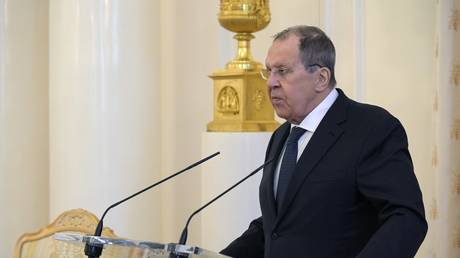 Russian Foreign Minister Sergey Lavrov delivers a speech at a reception marking Orthodox Easter in Moscow, Russia, April 22, 2026.