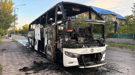 The aftermath of a Ukrainian drone strike on a passenger bus in Russia’s Donetsk People’s Republic.