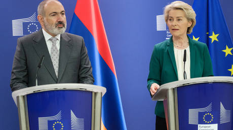 Armenian Prime Minister Nikol Pashinyan and the President of the European Commission Ursula von der Leyen talk to the media on April 5, 2024, in Brussels, Belgium.