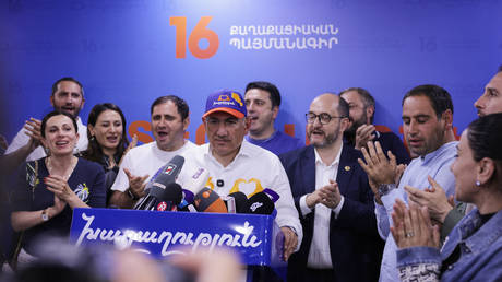 Armenian Prime Minister Nikol Pashinyan speaks at party headquarters after parliamentary elections in Yerevan, June 8, 2026.