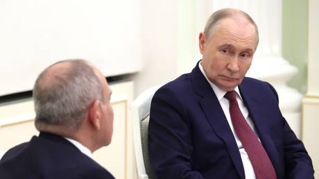 Russian President Vladimir Putin attends a meeting with Armenian Prime Minister Nikol Pashinyan at the Kremlin in Moscow, Russia on April 1, 2026.