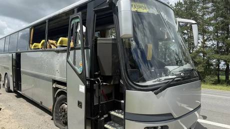 A bus reportedly damaged in a deadly Ukrainian drone attack in Bryansk Region, June 17, 2026.