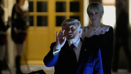 President Donald Trump leaves the dinner at the Palace of Versailles, June 18, 2026