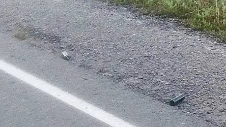 Striking elements from a mine dropped by a Ukrainian drone on a highway in Russia’s Lugansk People Republic.